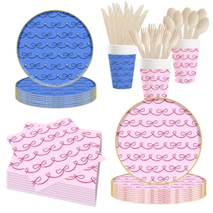 DAMAI Fournitures pour fête prénatale et anniversaire d'enfants, bleu rose, nœud papillon, vaisselle jetable de forme ronde, serviettes en papier, gobelets, assiettes - Product Image 4