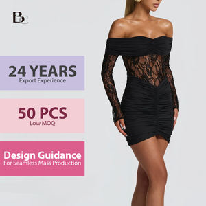 Robe de soirée moulante en dentelle transparente à manches longues et épaules dénudées, de qualité supérieure, en gros, ODM/OEM, sur mesure, pour femmes - Product Image 1