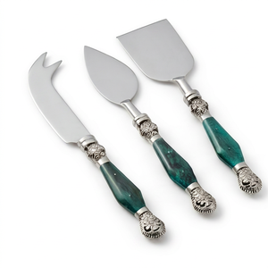 Stainless Steel <b>Cheese</b> <b>Knife</b> <b>Set</b> With Green Marble Handles And Ornate Silver Accents For Serving Use And Cutting Use - Product Image 1