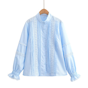 Blusa Azul Celeste para Mujer con Ribete de Encaje, Cuello con Botones, Manga Larga, Estilo Bohemio, Corte Holgado, Top de Primavera/Verano - Product Image 6