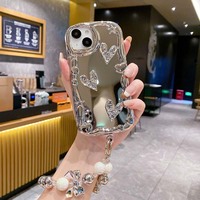 Luxe Galvanisé Miroir Amour Coeur Bracelet Argent Ours TPU Housse de Téléphone Pour Iphone 8 X Xr Xs 11 12 13 14 15 16 Pro Max