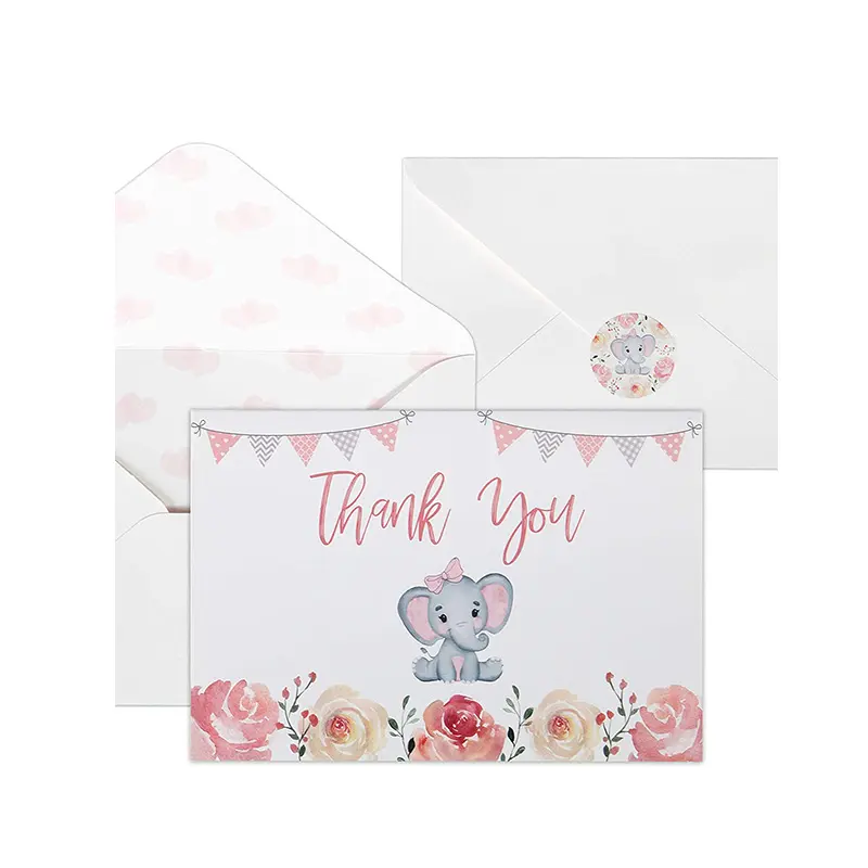 תינוק מקלחת תודה לך כרטיסי עבור בנות 50 חבילה ורוד בצבעי מים פיל תינוקת כרטיסי נהדר חמוד תודה לך הערות עם מעטפות