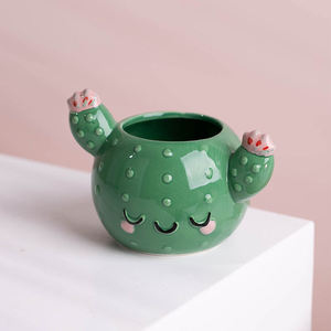 Bonita maceta redonda pintada <span class=keywords><strong>a</strong></span> <span class=keywords><strong>mano</strong></span> con forma de cactus, maceta de cerámica para bonsái, maceta inteligente, regalo para niños - Product Image 2