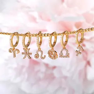 Minimalista 1pc 18K chapado en oro 12 signos del zodiaco pendientes pequeño aro pendientes para las mujeres 2022 INS joyería de moda