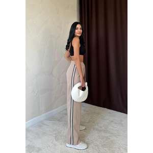 Pantalon Cargo Décontracté Beige pour Femme, Coupe Droite, Rayures Latérales, Taille Haute/Basse, Respirant, Haute Qualité, Confortable, Vente en Gros - Product Image 3