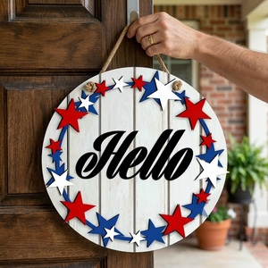 Insegna Rotonda in Legno per Porta del 4 Luglio, Ghirlanda con Stelle 3D, Decorazione Patriottica Rustica per Porta d'Ingresso, Vendita all'Ingrosso per il Giorno dell'Indipendenza - Product Image 6