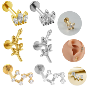 Getta ASTM-F136 G23 16G Bijou en titane plaqué or en forme de feuille avec mini cristal de zircon pour piercing en titane, vente en gros - Product Image 1
