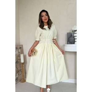 <b>Yellow</b> A-Line Poplin <b>Dress</b> Elastic Waist O-Neck Breathable Casual Daily Wear - Product Image 3