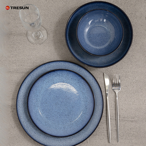 Ensembles de vaisselle de restaurant émaillés au four bleu réactif Vaisselle Ensemble de vaisselle en porcelaine Assiettes plates en céramique et ensemble bwol - Product Image 5