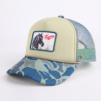 Gorro de camionero de malla con visera precurvada de 5 paneles personalizado, parches bordados con logotipo, gorras de camionero de espuma de camuflaje
