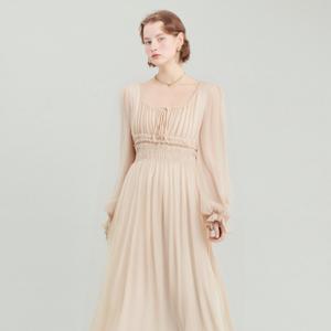 Bayan uzun kollu Polyester şifon Maxi elbise zarif Boho şifon elbisesi pileli önlüklü bel Flowy bir çizgi akşam parti elbise