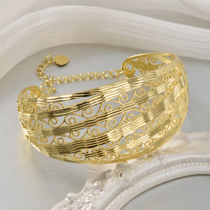 luxury fine custom women vintage filigree scroll hollow wide cuff 18k gold plated anti tarnish <b>bangles</b> <b>bracelets</b> - Product Image 4