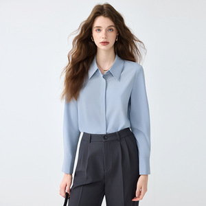 Women's Blue Long Sleeve Shirt Solid Color Polyester Broadcloth Workwear Top Professional Formal Wear For Office - Product Image 1