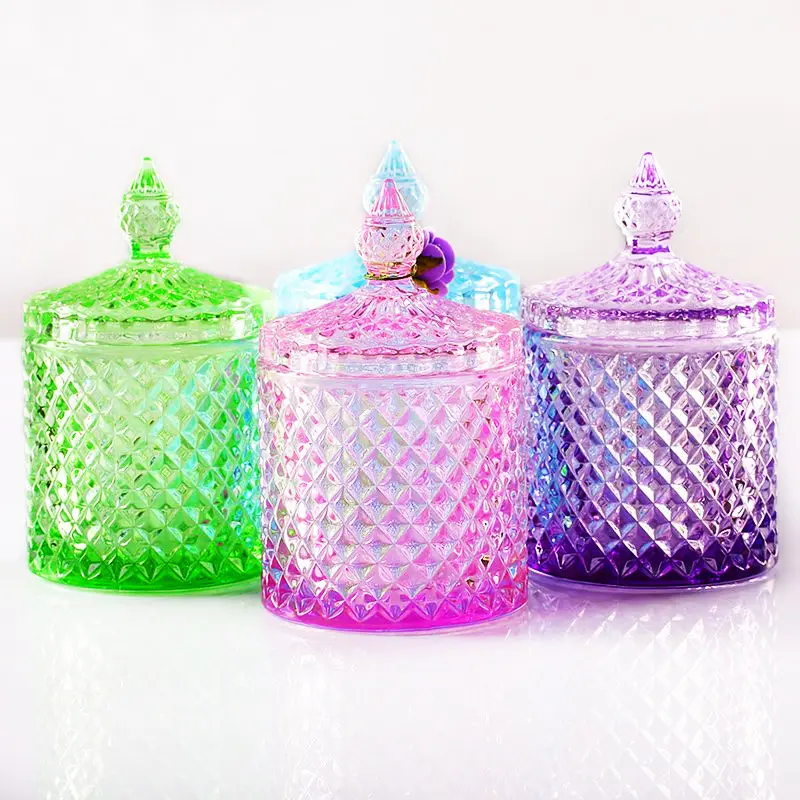 Luxury Candy Dish Container Empty Pink Purple Green Glass Candy Jars Candle Jar With Lid For Candle Making