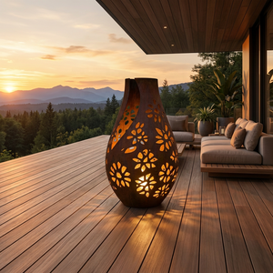 Grande sculpture lumineuse en acier Corten, vase floral creux sur mesure, lampe statue extérieure en acier Corten - Product Image 3