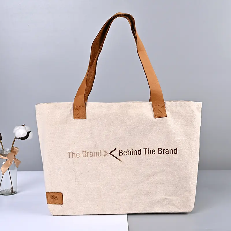High Quality Recycled Canvas Bag Large Capacity Reinforce Leather Handle Tote Bag For Shopping