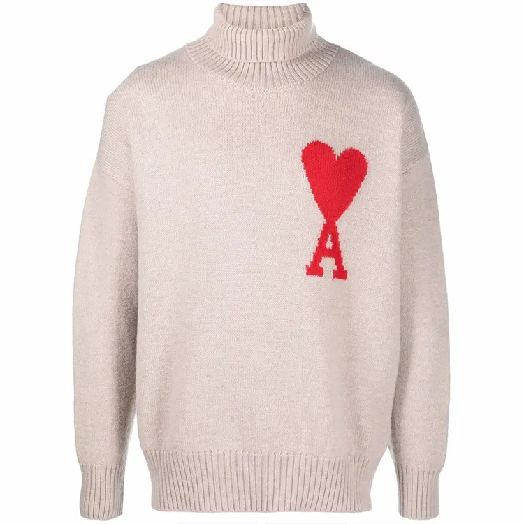 Latest designs brand mens heart logo jacquard knitted jumper men's woolen turtleneck long sleeve drop shoulder pullover sweater