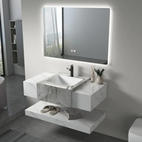 Nouvelle Vanité de Salle de Bain Murale Facile à Nettoyer avec Lavabo en Céramique Gris Ardoise Fritté, Miroir LED et Meuble Résistant à l'Eau