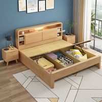 Lit de rangement multifonctionnel en bois massif Nordic Giant avec tête de lit rembourrée et veilleuse, taille Queen, style moderne et minimaliste pour petites chambres
