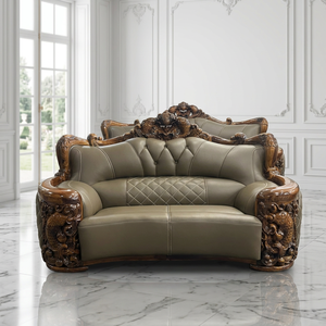 Traditional Leather <b>Sofa</b> with Carved <b>Wood</b> Frame Tufted Back and Curved Arms for Living Room - Product Image 5