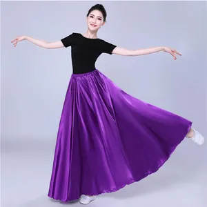 กระโปรงผ้าซาติน360องศาสำหรับผู้หญิง,กระโปรงยาวสไตล์ยิปซีสำหรับใส่ซ้อมเต้นกระโปรงเต้นรำสีม่วงทองคละสี15สี
