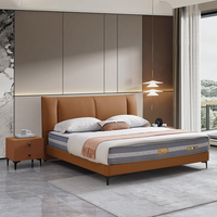 Lit Queen Size Moderne Minimaliste avec Cadre en Métal et Bois de Chêne, Revêtement en Cuir Véritable et Éponge Haute Densité, Gain de Place, Assemblé