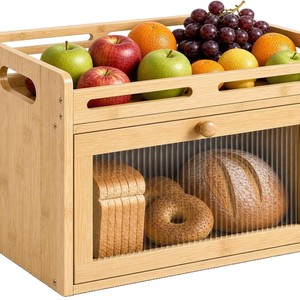 Bamboo Bread Storage <b>Box</b> With Top Rack And <b>Glass</b> Door For Kitchen Countertop Use - Product Image 2