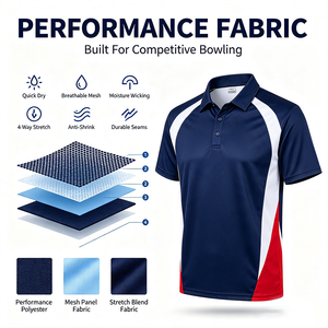 Custom Performance <b>Bowling</b> Polo Jersey Navy Red White Color Block Moisture Wicking Quick Dry Team Shirt for League Competition - Product Image 2