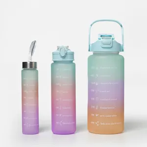 BPA Free Promotional Fitness 32oz 64 oz Half Gallon Jug Square 3 in 1 Tritan Plastic Sports Water Bottle Set With Time Marker