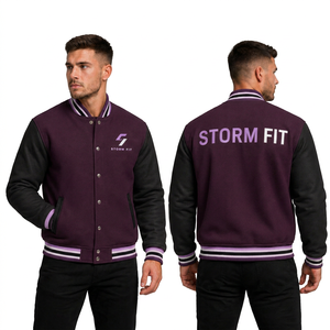 Chaqueta Varsity Unisex Morada y Negra, Corte Regular, Estilo Preppy, Logotipo Bordado, Cuello Alto, Ropa de Invierno, Lana y Cuero, Resistente al Viento - Product Image 1