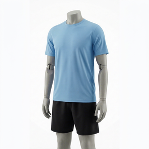 Men's Light Blue Crew Neck Short Sleeve Solid Color Polyester T-Shirt Regular Fit Moisture Wicking Summer Athletic Wear Set - Product Image 1