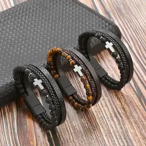 wholesale Leather Bracelet for man with Hematite zinc alloy magnetic clasp more colors for choice Length 21 cm 1548164