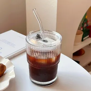 定制经典现代派对马克杯带吸管牛奶咖啡双壁真空隔热经典罗纹玻璃圆形