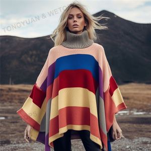 2024 <span class=keywords><strong>pull</strong></span> surdimensionné nouveau tricot personnalisé femmes mode multicolore rayé Colorblock <span class=keywords><strong>col</strong></span> <span class=keywords><strong>roulé</strong></span> Poncho <span class=keywords><strong>pull</strong></span> - Product Image 3