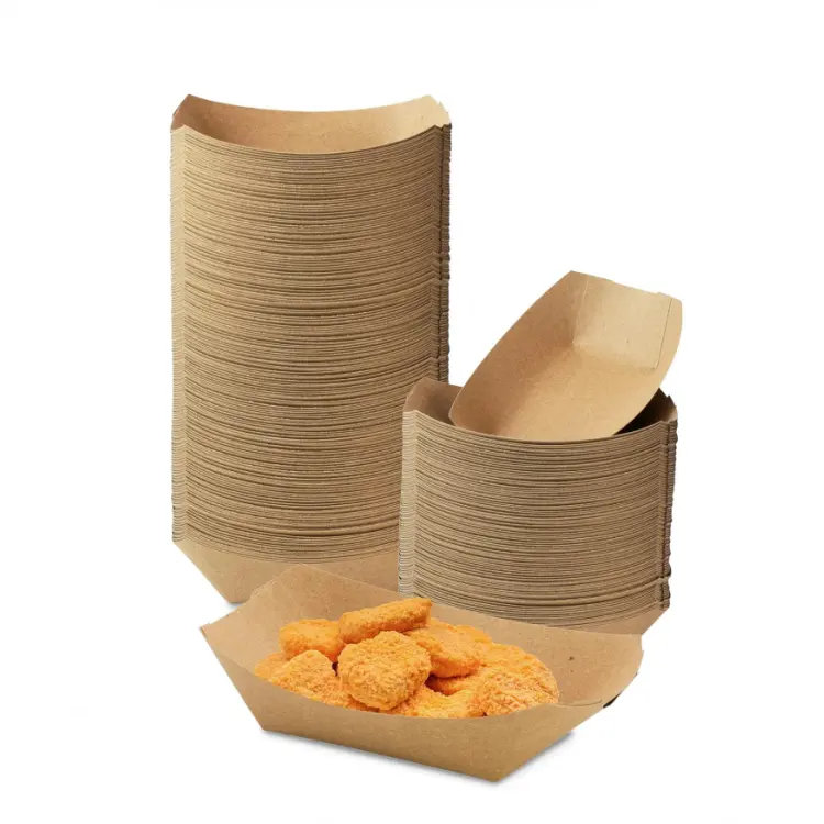 Disposable Kraft Brown Paper Food Trays Eco-Friendly Grease Resistant Take Out Food Serving Boats Baskets Trays For Snacks Party