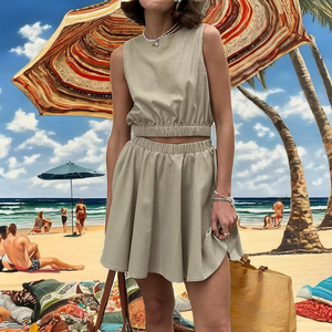 Ensemble décontracté jupe et gilet tissé uni à col rond pour femme, tenue d'été 2 pièces avec jupe courte au-dessus du genou - Product Image 2