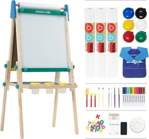MEEDEN बच्चों कला चित्रफलक, 3 के साथ बच्चों के लिए समायोज्य लकड़ी चित्रफलक पेपर रोल, डबल-पक्षीय चॉकबोर्ड और चुंबकीय सूखा मिटा बोर्ड