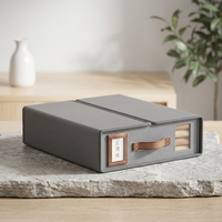 Boîte de rangement moderne pour draps de lit en velours gris Oxford avec fermeture Velcro, 38x32x11,5 cm, pliable avec fenêtre transparente et poignée en cuir