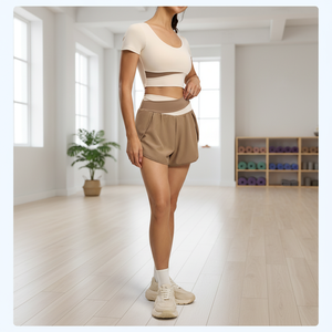 Shorts de yoga taille haute à blocs de couleur, anti-exposition, deux pièces, avec poche ventrale, respirants, séchage rapide, pour le sport et le fitness - Product Image 1