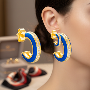Boucles d'oreilles en émail CZ bleu marine minimal de 14 mm fabriquées à la main en gros bijoux turcs en argent sterling 925 - Product Image 3