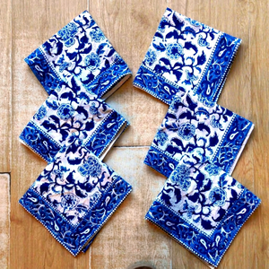 Handmade <b>Blue</b> White Printed Cotton Napkins 45x45cm Square <b>Table</b> Decoration 6pcs Classic Style Machine Washable - Product Image 1
