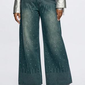 Fabricants de vêtements sur mesure, pantalons en denim streetstyle personnalisés, jeans baggy brillants entièrement ornés de strass pour femmes - Product Image 3