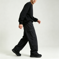 Pantalon en jean utilitaire pour homme, noir délavé, coupe ample à jambe large, poches à rabat, style streetwear, OEM, personnalisable, vente en gros, en vrac