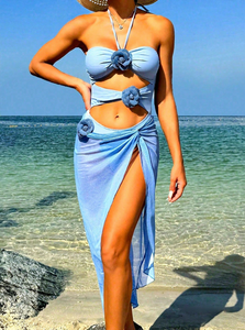 2026 Neues Cross-Border Einfarbiges 2-Teiliges Set Mesh-Neckholder-Bikini Damen-Badeanzug mit Cut-Out-Design Langlebig XL - Product Image 6