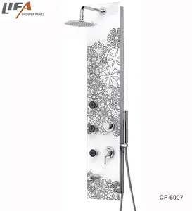 Easy Installation Dual Handle Bathroom Faucet Full Body Rainfall Jet Flowers Pattern Tempered Glass Shower Panel