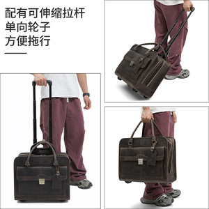 Dujiang Crazy Horse Leather <b>Briefcase</b> 9005 Dark Brown Rolling Laptop Bag Business Travel Men's Suitcase - Product Image 2