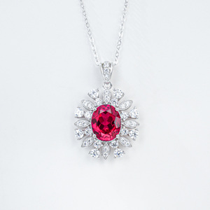 Vintage Inspired Sunburst Lab Ruby Necklace, Oval Cut Center Stone with Multi-Shape Halo Pendant in 925 Silver - Product Image 2