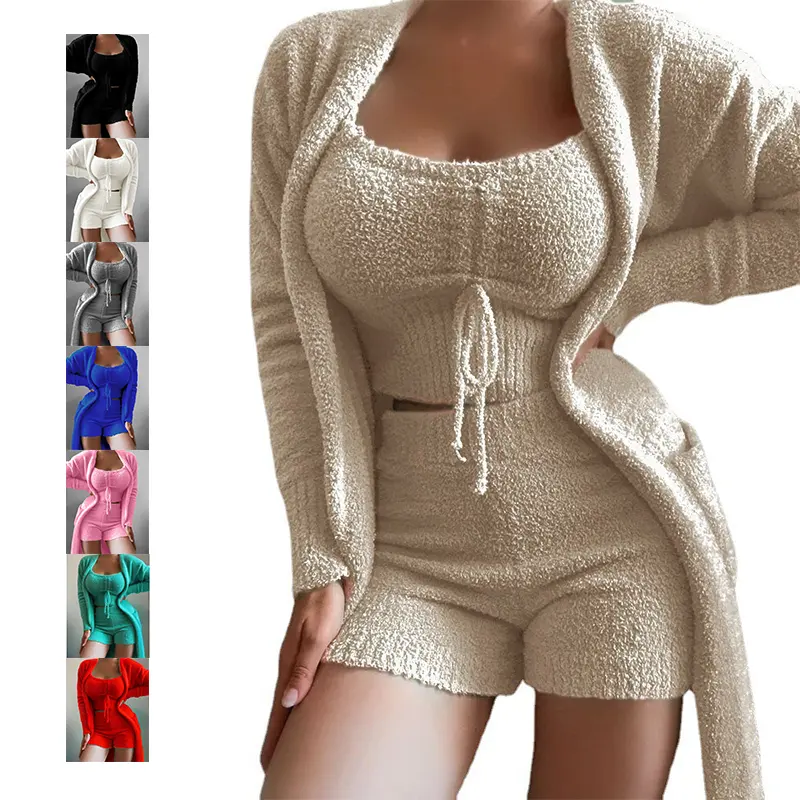 Pakaian wanita model baru 2022 setelan Lingerie bulu domba Fuzzy 3 potong baju tidur Set pakaian tidur nyaman musim dingin Set piyama berbulu