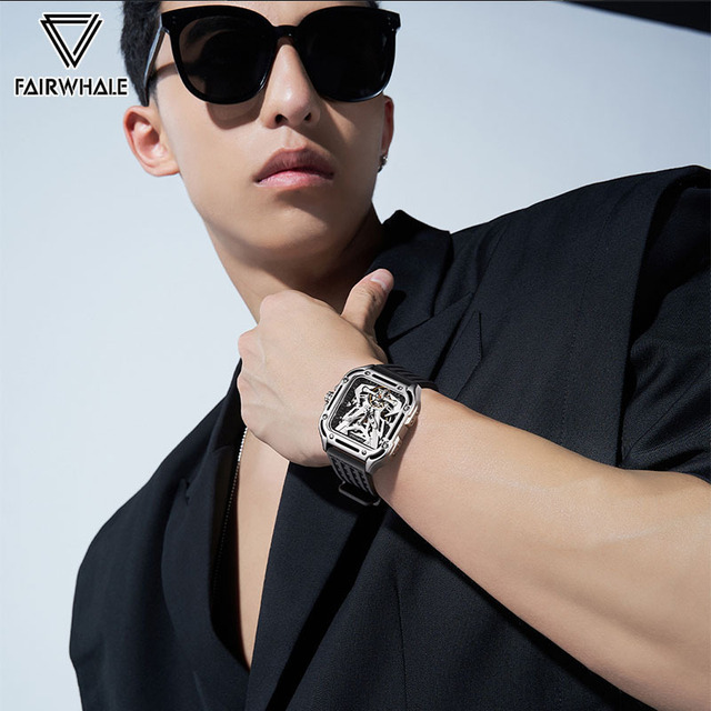 Mark Fairwhale Men's Automatic Mechanical Luminous Square Case Watch Cool Silicone Strap Waterproof Fashion