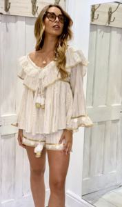 Hermoso diseñador corto Boho Touch Ruffle cuello mujeres Combo Set blanco espejo adornado y encaje Trim Lurex conjunto de algodón - Product Image 3